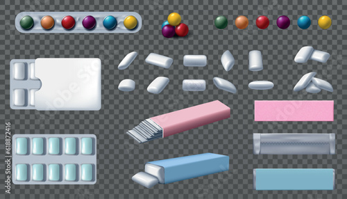 Chewing gum pack. Bubble balls. Blister and wrapper. Realistic candy in foil wrap. Pink and blue box design. Dental dragee and stripe sweets. 3D packaging mockup. Vector bubblegum set