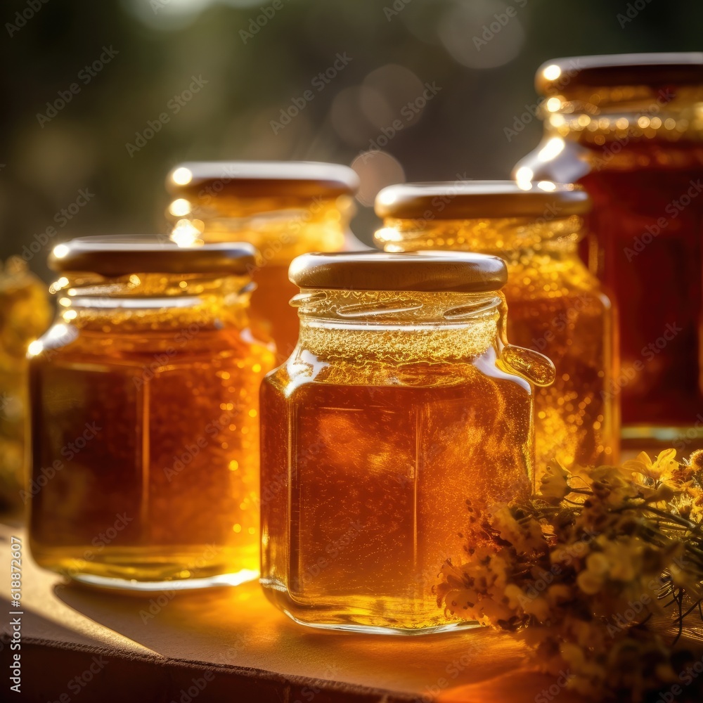 Jars with fresh honey from bees close up. Generative Ai. Jars with fresh honey from bees close up. Generative Ai.