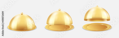 Gold tray. Empty cloche. 3D restaurant food bell. Golden meal dish with glossy dome. Open plate for lunch. Closed luxury platter. Isolated tableware. Vector realistic serving elements set