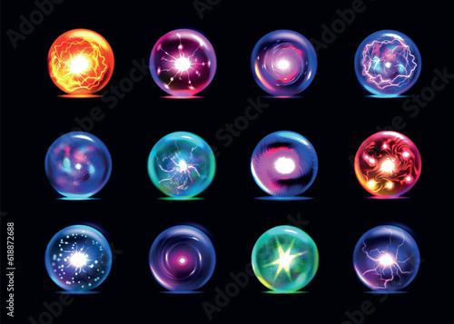 Magic balls. Colorful orb, fantasy crystal sphere, magician energy flame in glass round globe. Glowing energy spheres different colors. 3d isolated elements. Vector isolated effect