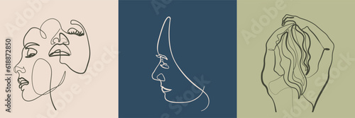 Surreal Faces Continuous line, drawing of set faces and hairstyles, fashion concept, woman's beauty, minimalist, vector illustration, pretty sexy. Love yourself and take care of yourself.