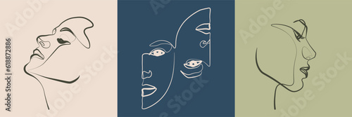 Surreal Faces Continuous line, drawing of set faces and hairstyles, fashion concept, woman's beauty, minimalist, vector illustration, pretty sexy. Love yourself and take care of yourself.