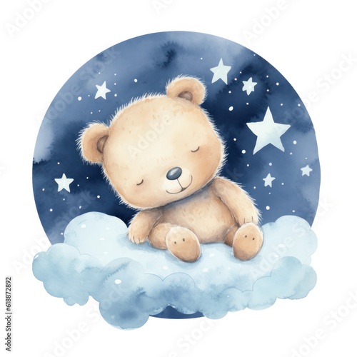 Cute watercolor baby good night bear on moon