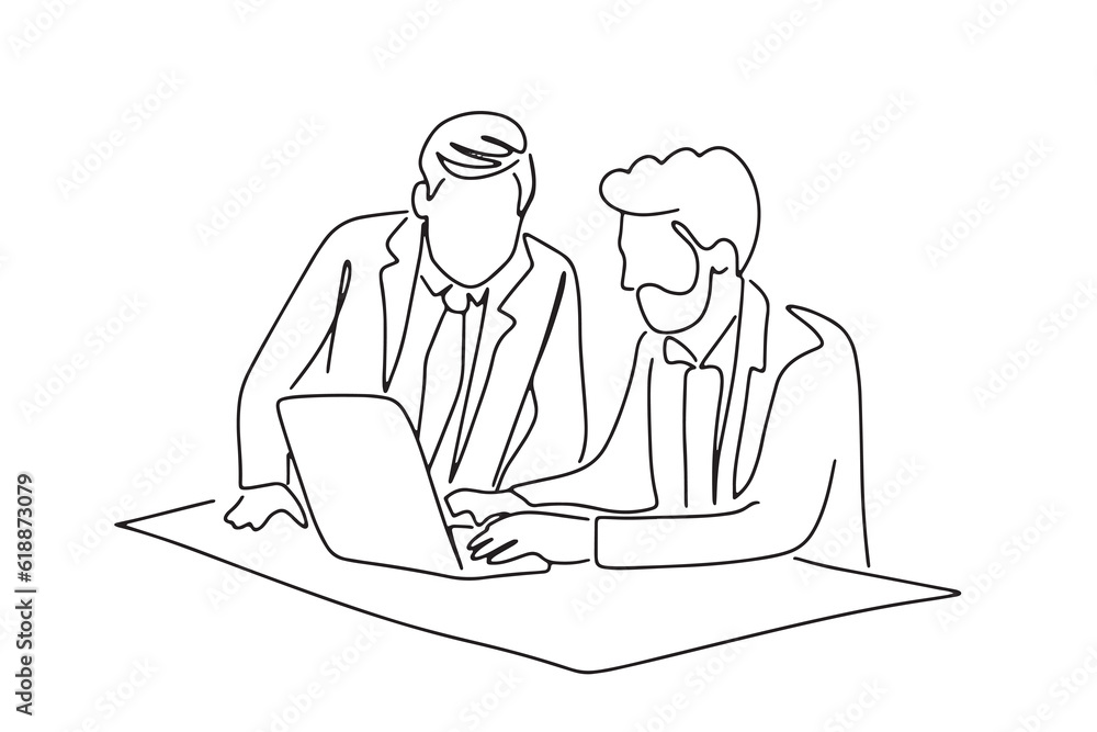 one line art character couple working together on computer consult each other hand-drawn illustration vector one line art character couple working together on computer consult each other hand-drawn illustration vector
