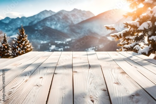 Wooden Terrace the blurred and Christmas background. Wood white table top perspective in front of natural in the sky with light and mountain blur background image for product display Generative AI © RBGallery