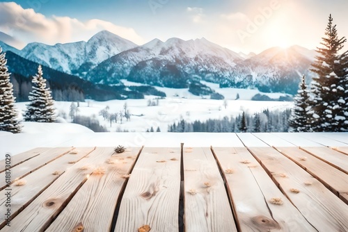 Wooden Terrace the blurred and Christmas background. Wood white table top perspective in front of natural in the sky with light and mountain blur background image for product display Generative AI © RBGallery