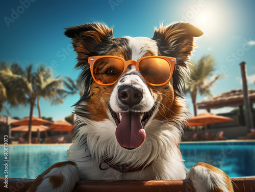 Happy dog in sunglasses on the background of the pool Summer holidays tourism background Generative ai © Irina Sharnina