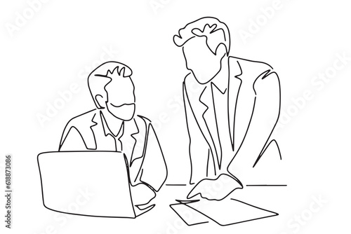 one line art character couple working together on computer consult each other hand-drawn illustration vector
