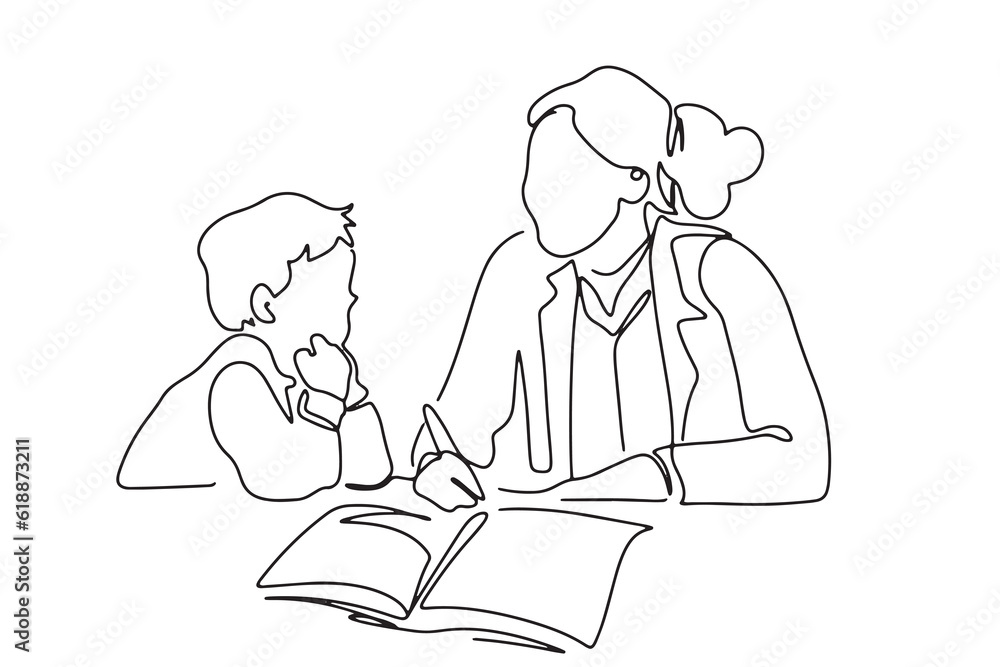 one line art character mother or teacher sitting and teaching children homework learning care about education
  hand-drawn illustration vector