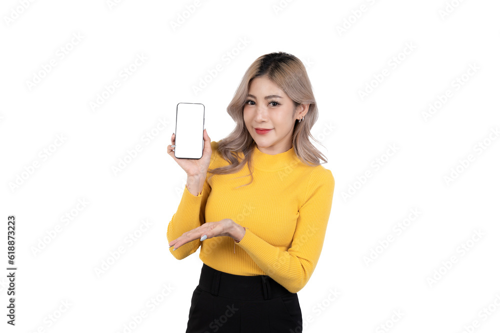 Portrait of a happy asian businesswoman using mobile phone isolated over white background. Portrait of a happy asian businesswoman using mobile phone isolated over white background.