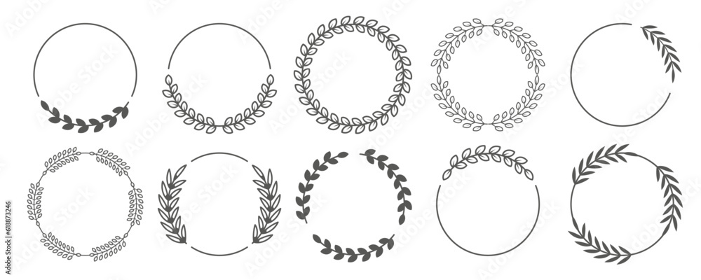 Branches circle. Botanical wreath. Laurel plant leaf, floral frame, round olive leaves, branch for greek wedding, crest logo. Heraldic pictogram, logotype or emblem design. Vector symbol