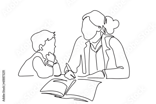 one line art character mother or teacher sitting and teaching children homework learning care about education
  hand-drawn illustration vector