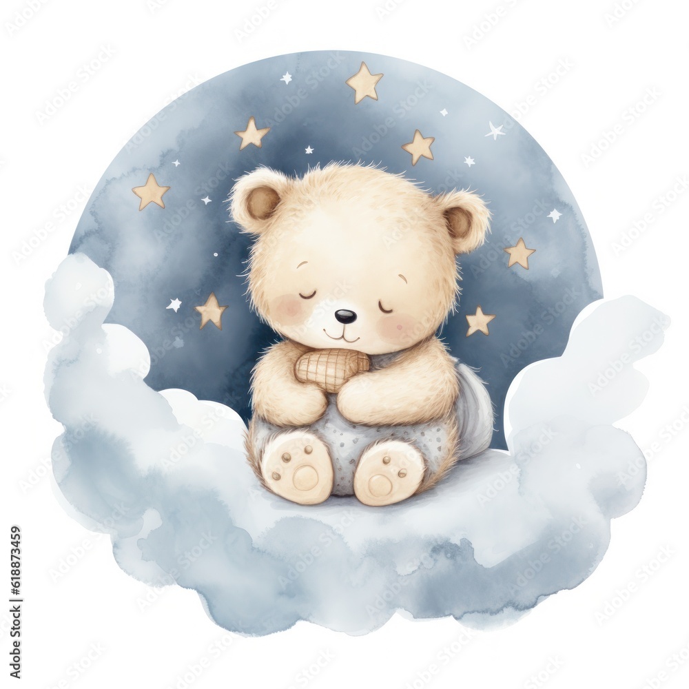 Cute watercolor baby good night bear on moon Cute watercolor baby good night bear on moon