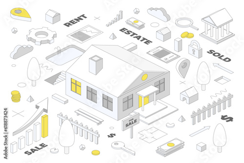 Real estate market. Isometric house concept. Home sale. Finance success. Insurance or investment. Apartment rent. Mortgage and money growth infographic. Vector line art illustration