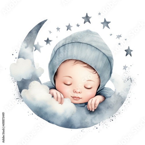 Cute watercolor baby good night moon Illustration AI Generative.