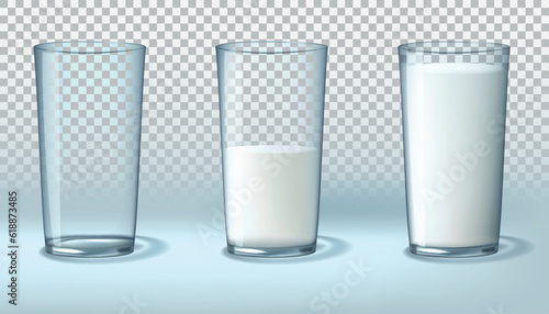 Milk glass. Half cup, empty and full, transparent water drink, cow beverage, bottle, morning dairy beverage product, white liquid yogurt or kefir, healthy food. Vector realistic design