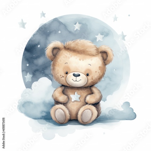 Cute watercolor baby good night bear on moon