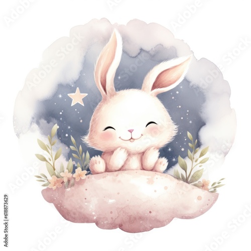Cute watercolor baby good night bunny on moon Illustration AI Generative.