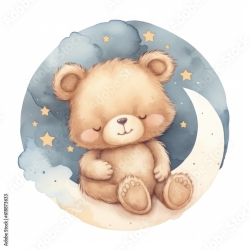 Cute watercolor baby good night bear on moon