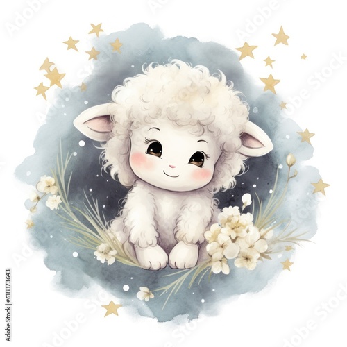 Cute watercolor baby good night sheep on moon Illustration AI Generative