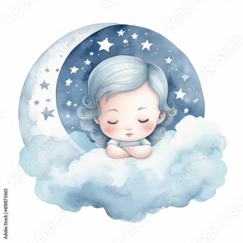 Cute watercolor baby good night moon Illustration AI Generative.