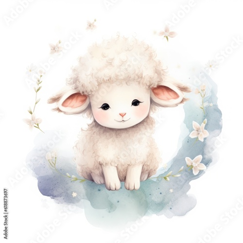 Cute watercolor baby good night sheep on moon Illustration AI Generative