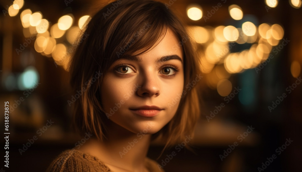 Young adult woman smiling, illuminated by Christmas lights generated by AI