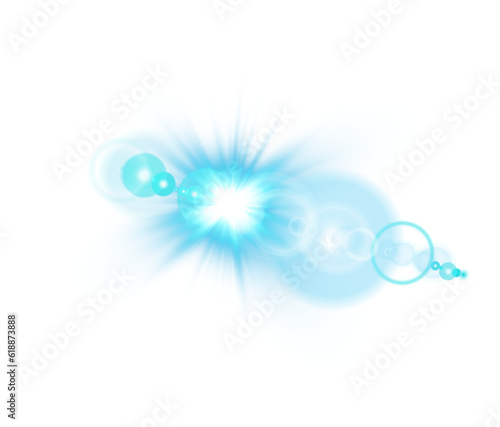 Blue Sun rays with beams and glare isolated on transparent background. Lens flare light effect. PNG.