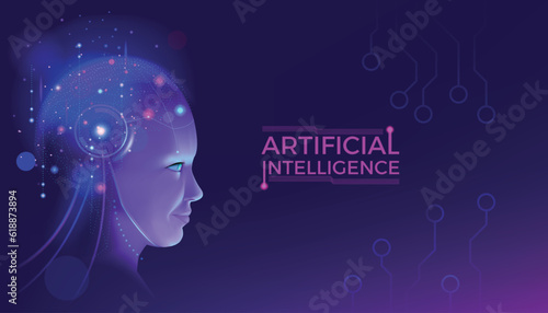 Artificial intelligence. AI brain. Digital robot technology. Glowing cyborg head. Future data learning. Science mind. Human robotic network. Innovation computing. Vector background