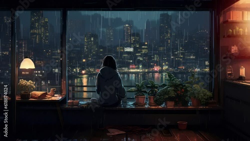 Lofi girl studying at night. Chill rainy atmospheric background for music video. Anime manga woman relaxing with study beats. Lo-fi song wallpaper. Looped video. Storm and rain on the balcony city. photo