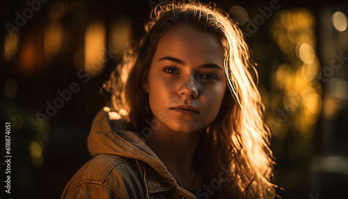 Young woman in city, illuminated by sunset generated by AI © Jeronimo Ramos