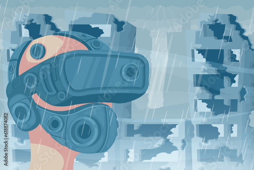 Heartbreaking scene of a person with AR glasses and protective mask in a devastated city and polluted rain. Amid the post-apocalyptic ruins, an air of melancholy pervades the desolate landscape