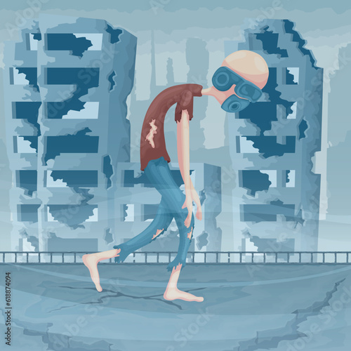 Heartrending scene as a lone person with AR glasses, traverses a city devastated by an unknown calamity. Amidst the ruins post-apocalyptic, an air of melancholy permeates the desolate landscape