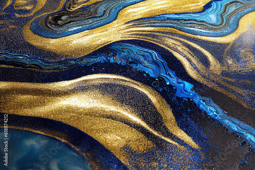 Blue and golden acrylic liquid ink swirl abstract background with ravishing turbulence wavy pattern and detailed texture. Luxury fluid liquid art by Generative AI.