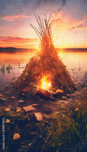 Midsummer solstice bonfire by a lake in the afternoon. Generative AI illustrations