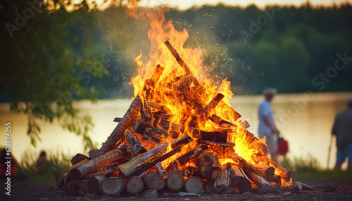 Midsummer solstice bonfire by a lake in the afternoon. Generative AI illustrations