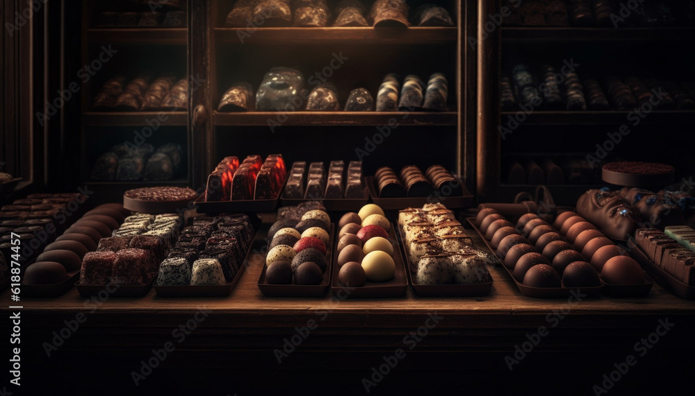 Abundance of gourmet desserts on wooden shelves generated by AI