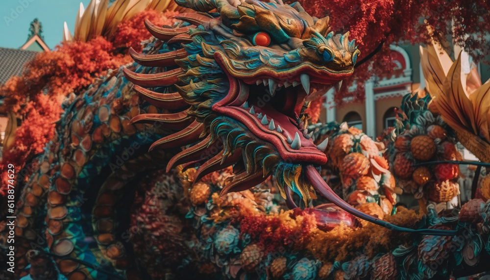 Vibrant dragon sculpture symbolizes Chinese spirituality and culture generated by AI