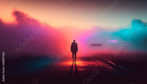 silhouette of a man, illustration of the silhouette of a man walking along the road in the golden hour, illustration with blue and pink tones. Image created with ai