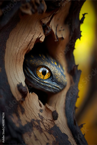 illustration of a strange animal with striking eyes hidden in the trunk of a tree, image created with ai