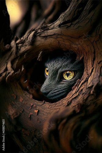 illustration of a strange animal with striking eyes hidden in the trunk of a tree, image created with ai