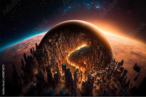 illustration of a large meteorite impacting on a planet, image created with ai