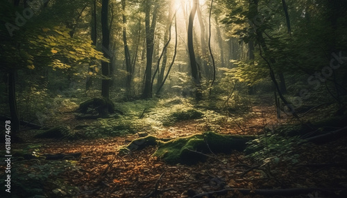 Tranquil footpath winds through mysterious autumn forest generated by AI