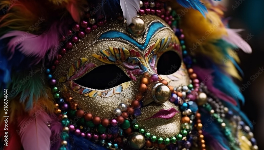 Colorful mask hides mystery at Mardi Gras parade generated by AI