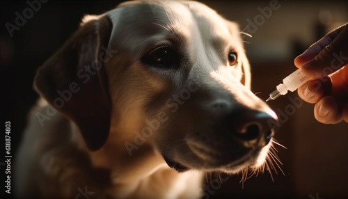 Purebred Labrador puppy held by caring owner outdoors generated by AI