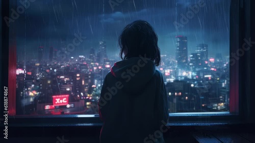 Sad girl by the window looking at the storm outside. Rainy night. Young anime woman looking at the city light. Sad and moody feelings. Unhappy pretty girl crying. Lo-fi hip hop type beats video loop.