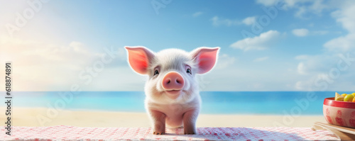Cute Piggy resting on vacation, travel concept. Generative AI © NorLife