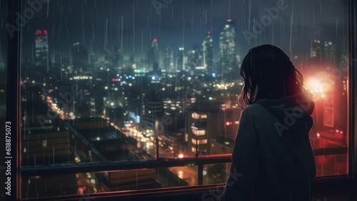 Sad girl by the window looking at the storm outside. Rainy night. Young anime woman looking at the city light. Sad and moody feelings. Unhappy pretty girl crying. Lo-fi hip hop type beats video loop.