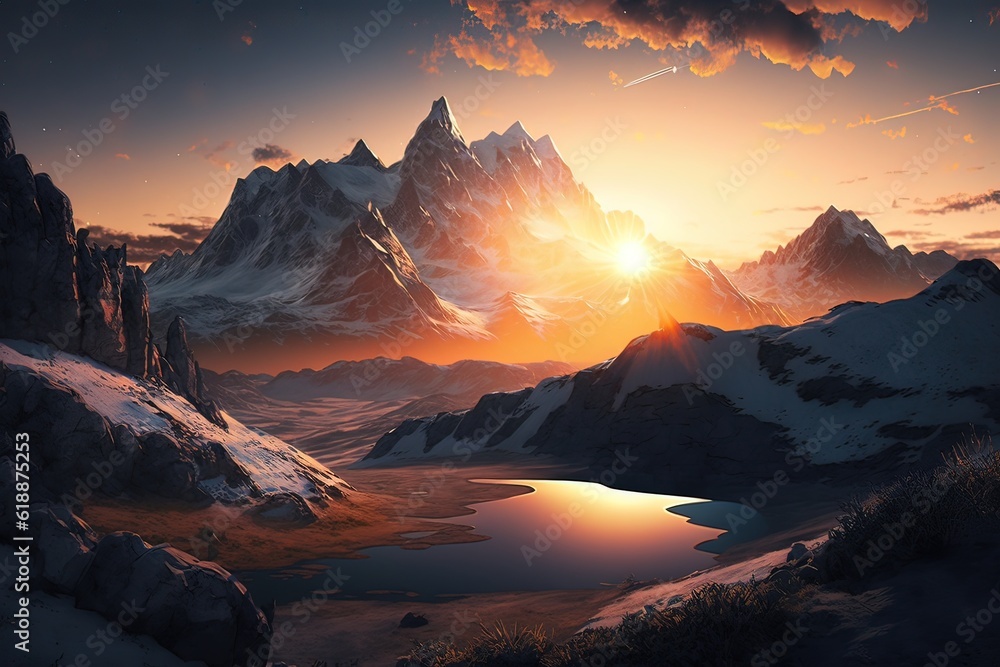Scenic sunrise in the high mountains of the alps background. Generative ai.