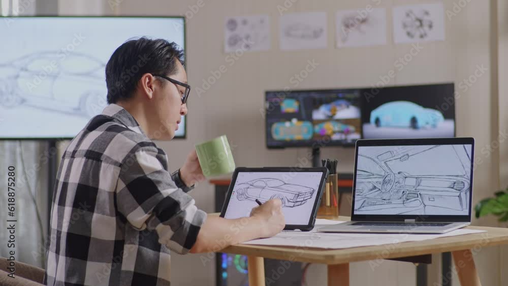Side View Of Asian Male Drinking Coffee While Drawing New Car Design Concept On A Tablet In The Studio With Tv And Computers Display 3D Electric Car Model
Side View Of Asian Male Drinking Coffee While Drawing New Car Design Concept On A Tablet In The Studio With Tv And Computers Display 3D Electric Car Model